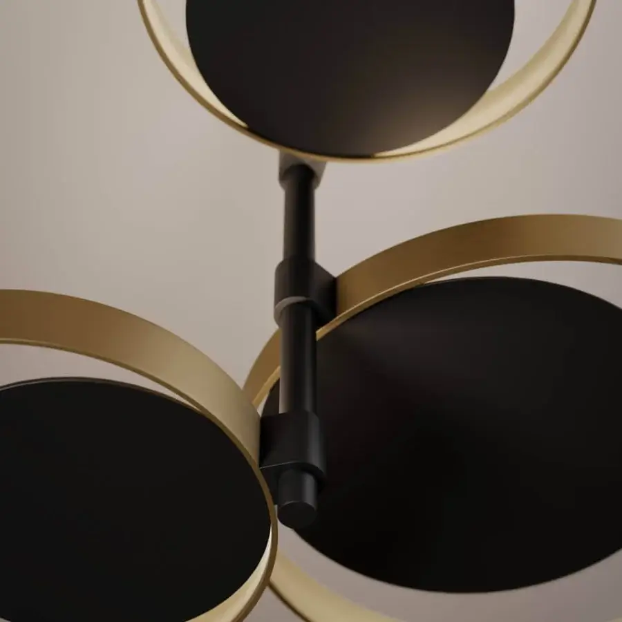 Exceptional VENICEM Circle Ceiling Lamp with concentric metal rings in burnished natural brass and matt black nickel structure