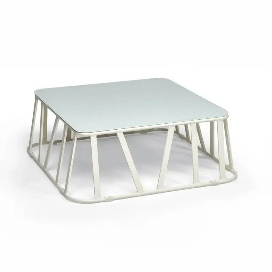 Sophisticated Roberti Rattan Hamptons Graphics coffee table with light blue lacquered glass and powder-coated aluminum base