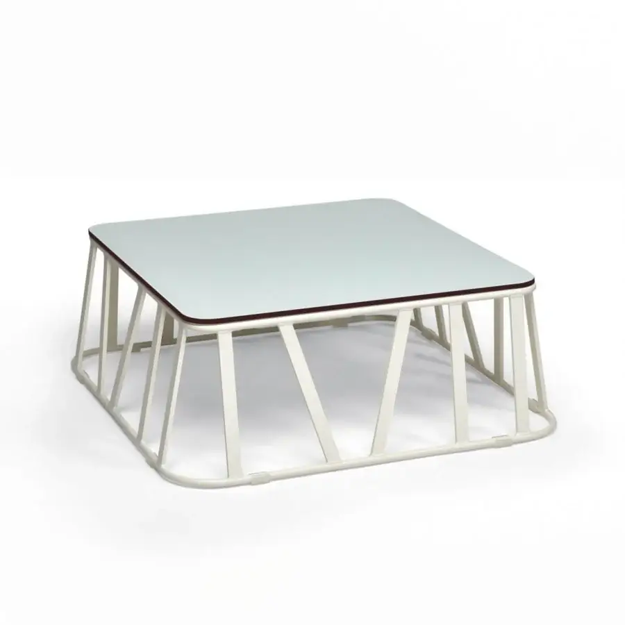 Elegant Roberti Rattan Hamptons Graphics coffee table with powder-coated aluminum base and pale blue-grey lacquered glass top