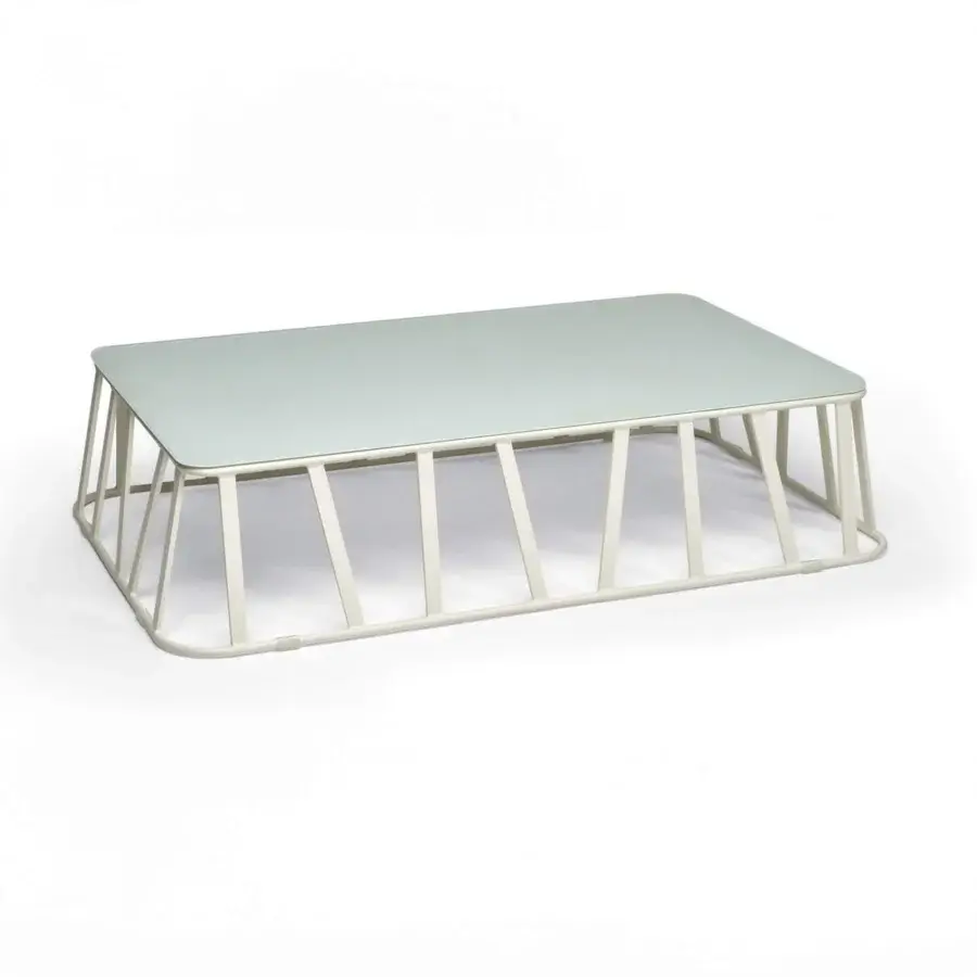 Distinguished Roberti Rattan Hamptons Graphics coffee table with pale green HPL tabletop and powder-coated aluminum base