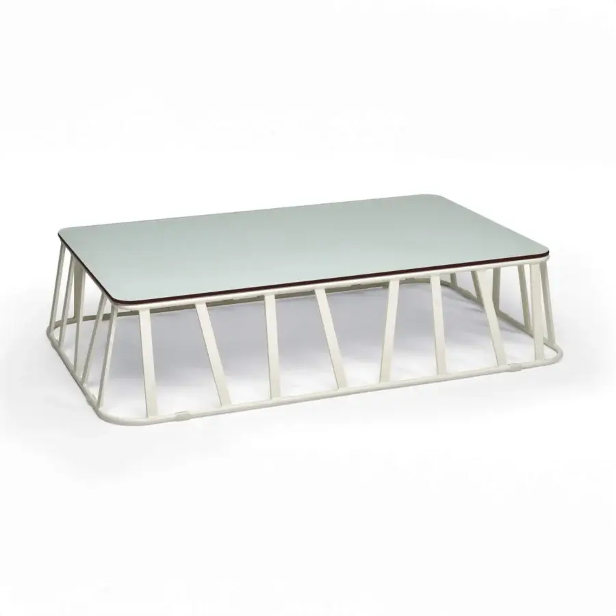 Exceptional Roberti Rattan Hamptons Graphics coffee table with translucent pale green lacquered glass and powder-coated aluminum base