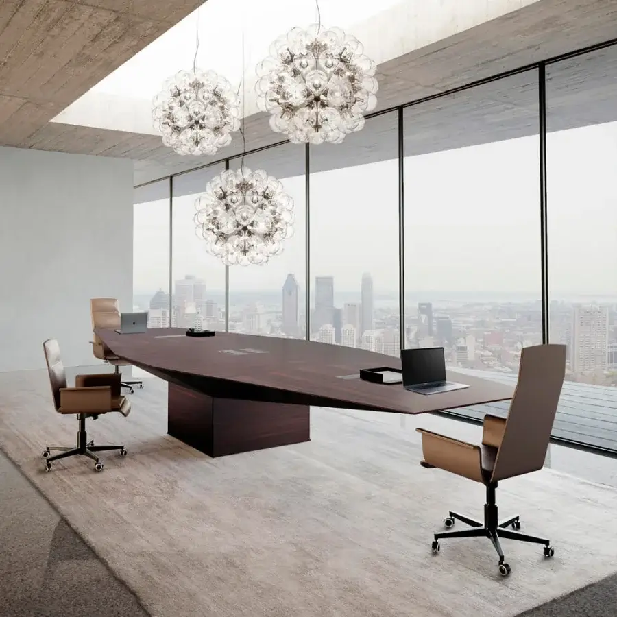 Distinguished 4 Mariani Euclideo conference table with wide dark brown wood veneer tabletop and satin finish