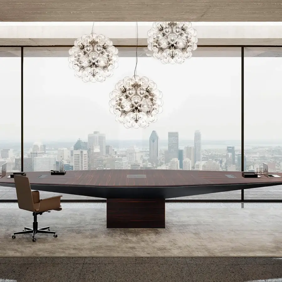 Exceptional 4 Mariani Euclideo conference table with a dark reddish-brown wood veneer tabletop and satin finish built with integrated electrified boxes