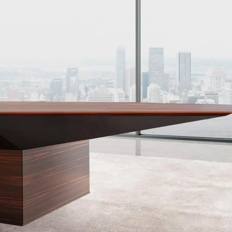 Sophisticated 4 Mariani Euclideo conference table with reddish-brown wood veneer and satin finish, built with integrated electrified boxes