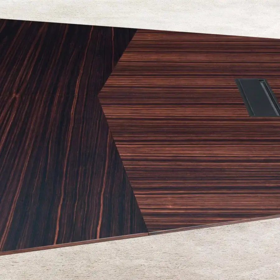 Exclusive 4 Mariani Euclideo conference table crafted with exotic wood veneer and satin finish, integrating electrified boxes with universal connections