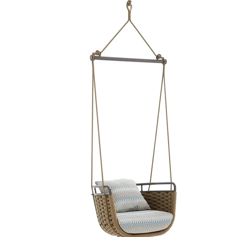 Exceptional Roberti Rattan Portofino swing with aluminum, durable nautic rope weaving and a blue striped cushion