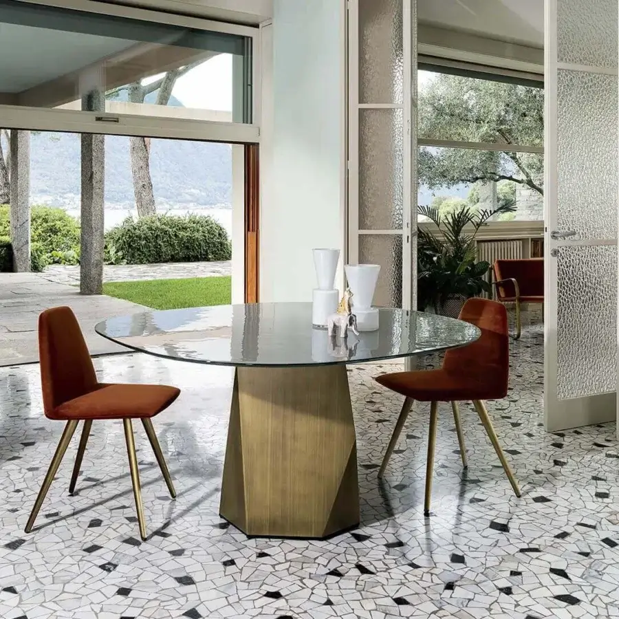 Exceptional Sovet Italia Deod round table with golden-brown satin lacquered base and clear tempered liquid glass top
