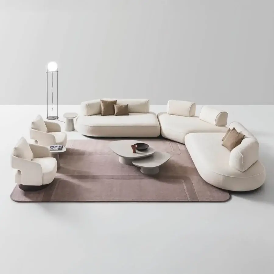 Exceptional Ditre Italia 356 lounge chair with enveloping form and low silhouette upholstered in smooth matte light beige textile