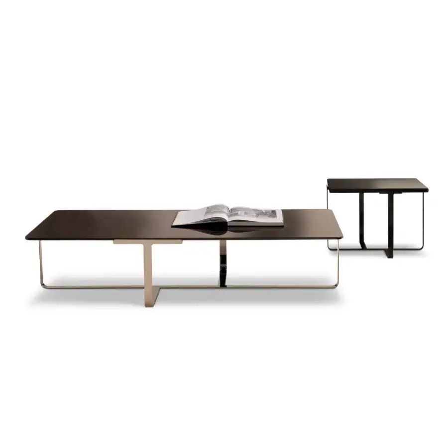 Exceptional 4 Mariani Joshua coffee and side table set with curved steel frame and bronzed glass tabletop in aluminium tone with satin finish