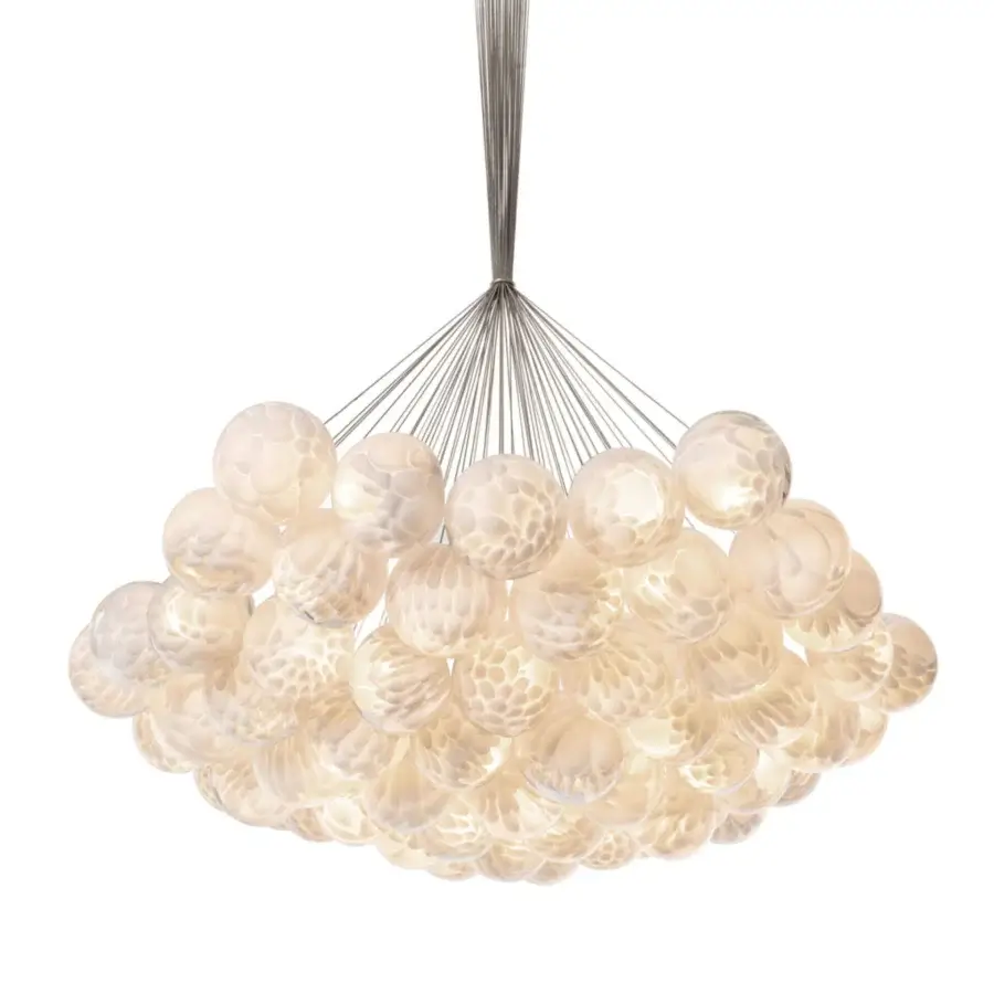 Exclusive Bocci 118 Cluster suspension lamp crafted in pale beige hand-blown glass with silver-toned cluster canopy