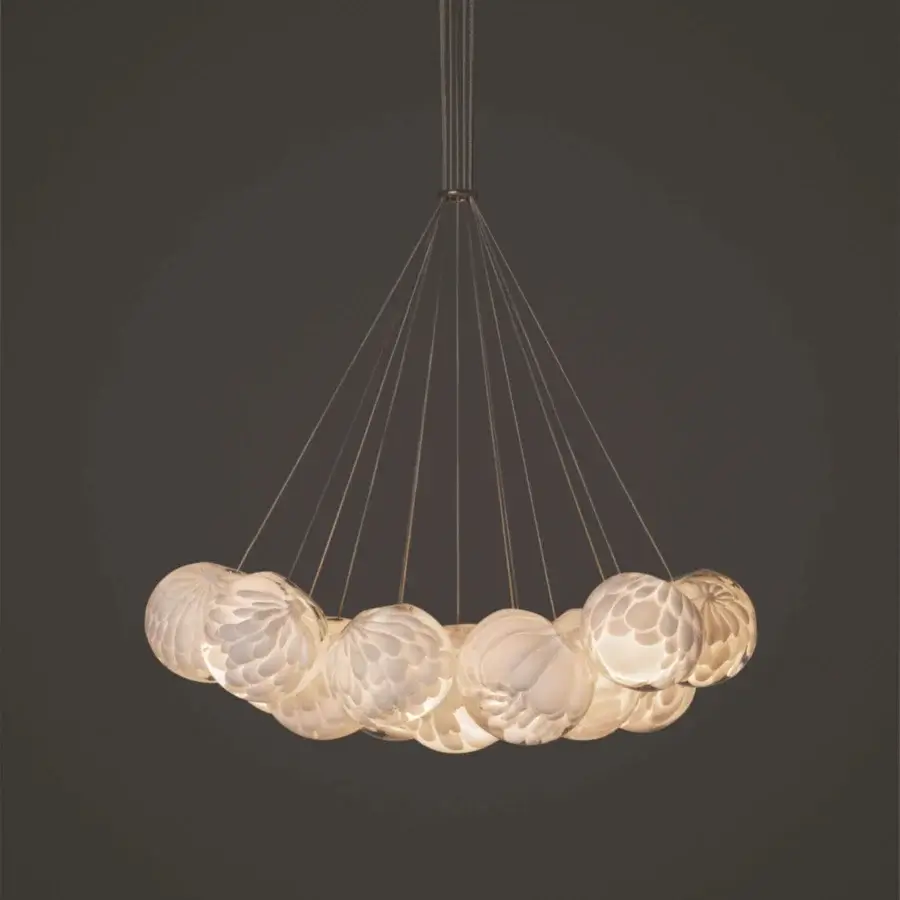 Elegant Bocci 118 Cluster suspension lamp with thirteen hand-blown glass pendants and creamy white finish