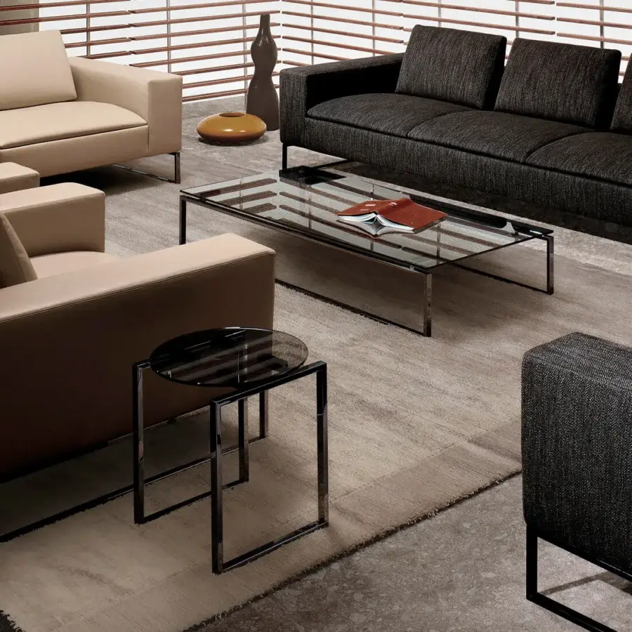 Distinguished 4 Mariani Kubico coffee side table with black metal frame and sleek smoked tempered glass top with glossy finish