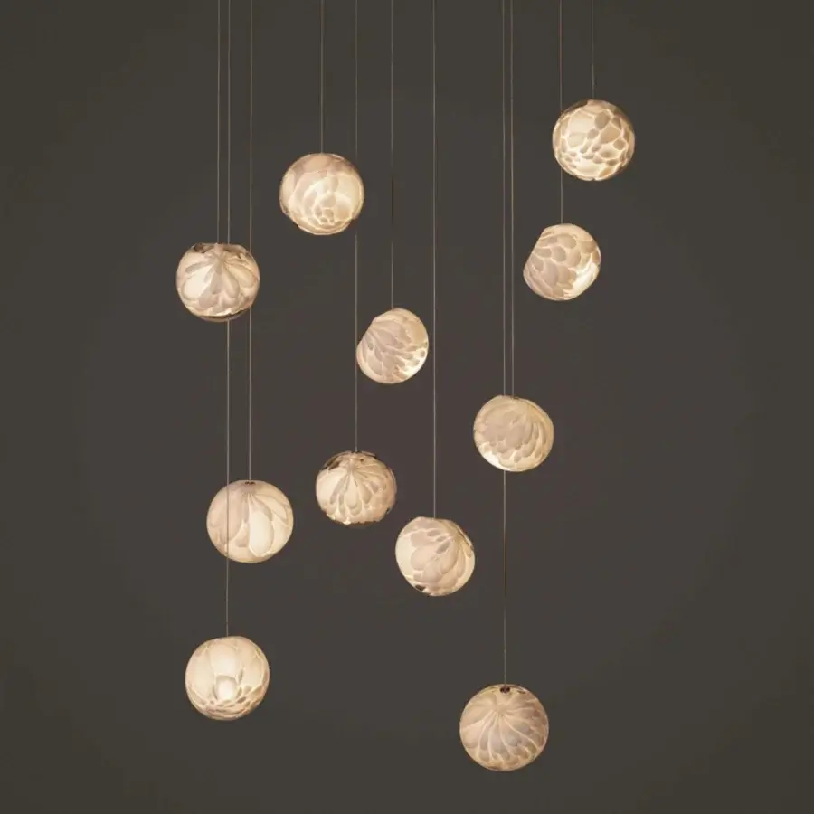 Elegant Bocci 118 Random Suspension Lamp with eleven hand-blown glass pendants and white-powder coated canopy