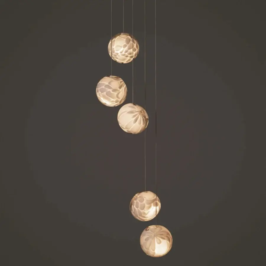 Exceptional Bocci 118 Random Suspension Lamp with hand-blown glass pendants exhibiting a satin finish and pale beige glow