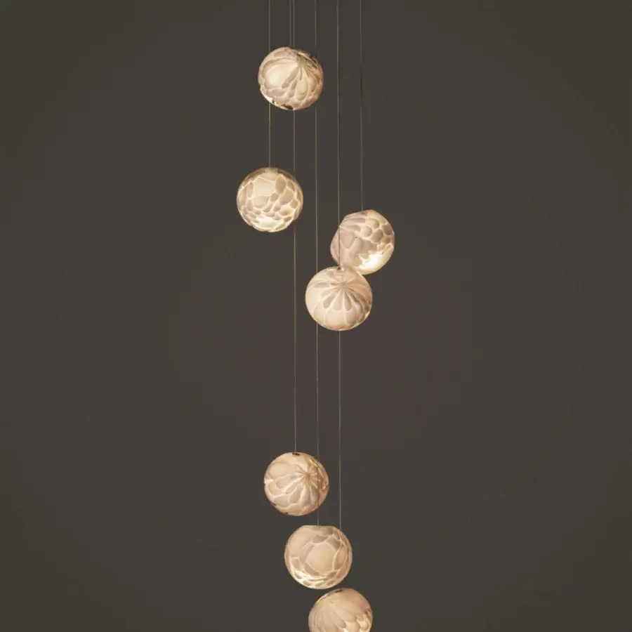 Captivating Bocci 118 Random Suspension Lamp with seven hand-blown glass pendants exhibiting feather-like textures and warm off-white hues