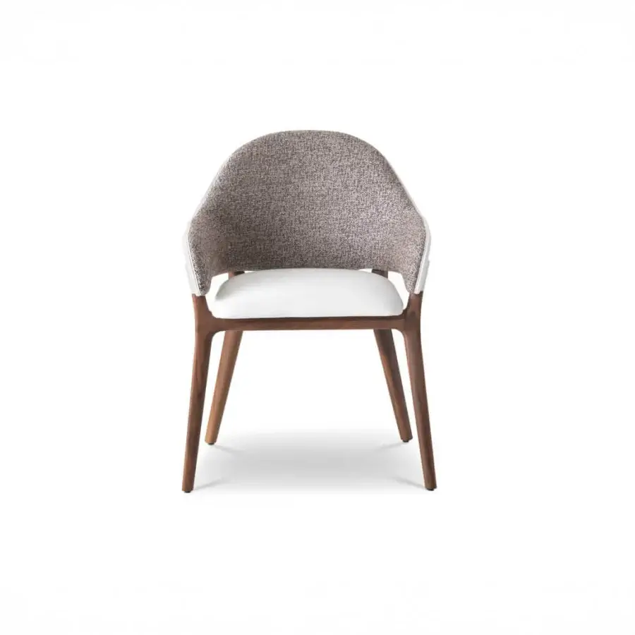 Elegant 4 Mariani Liv chair with curved silhouette and neutral gray textile upholstery complemented by satin finished wood base
