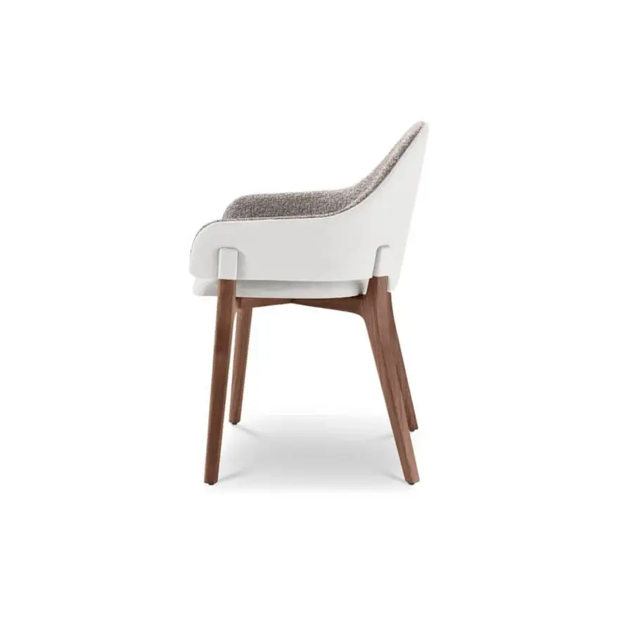 Sophisticated 4 Mariani Liv chair with gracefully curved form upholstered in neutral gray textured textile and satin wood base