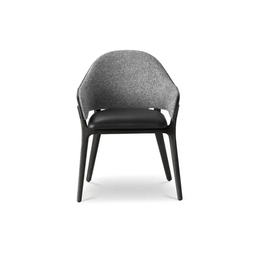 Distinguished 4 Mariani Liv chair with gracefully curved form and muted gray textile upholstery crafted with a satin finish wood base
