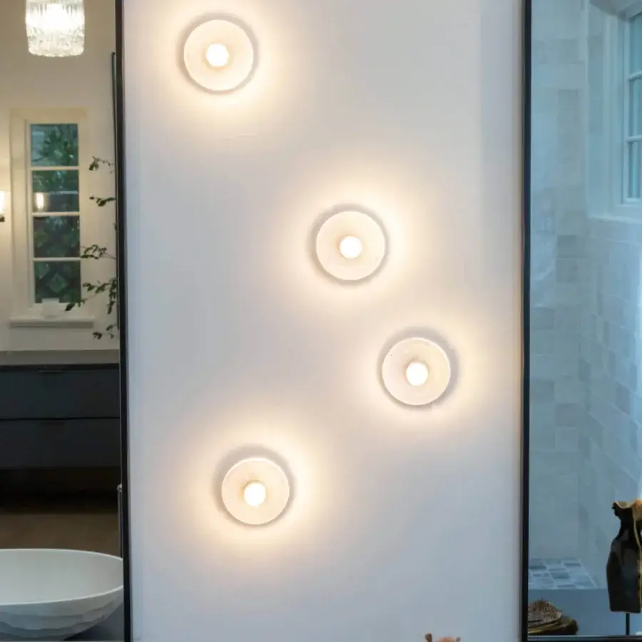 Distinguished Bocci 14 Surface Mount wall lamp with frosted cylindrical void in cast glass and matte white finish