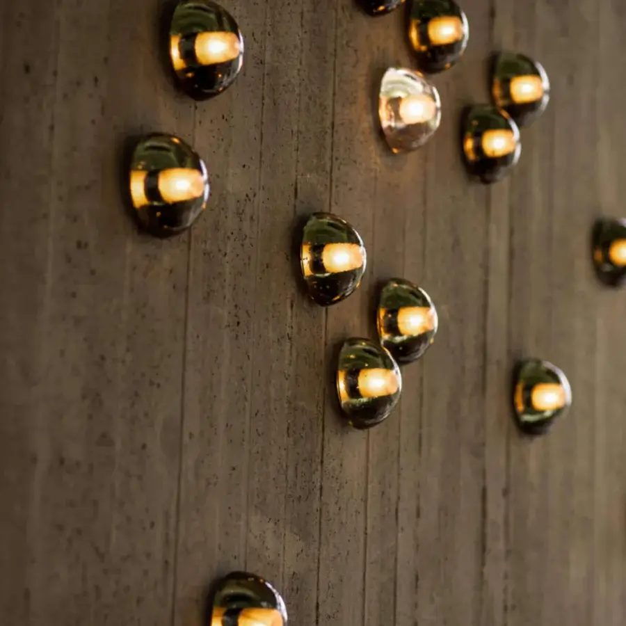 Superior Bocci 14 Surface Mount wall lamp with cast glass half-sphere and frosted cylindrical void in dark amber tones