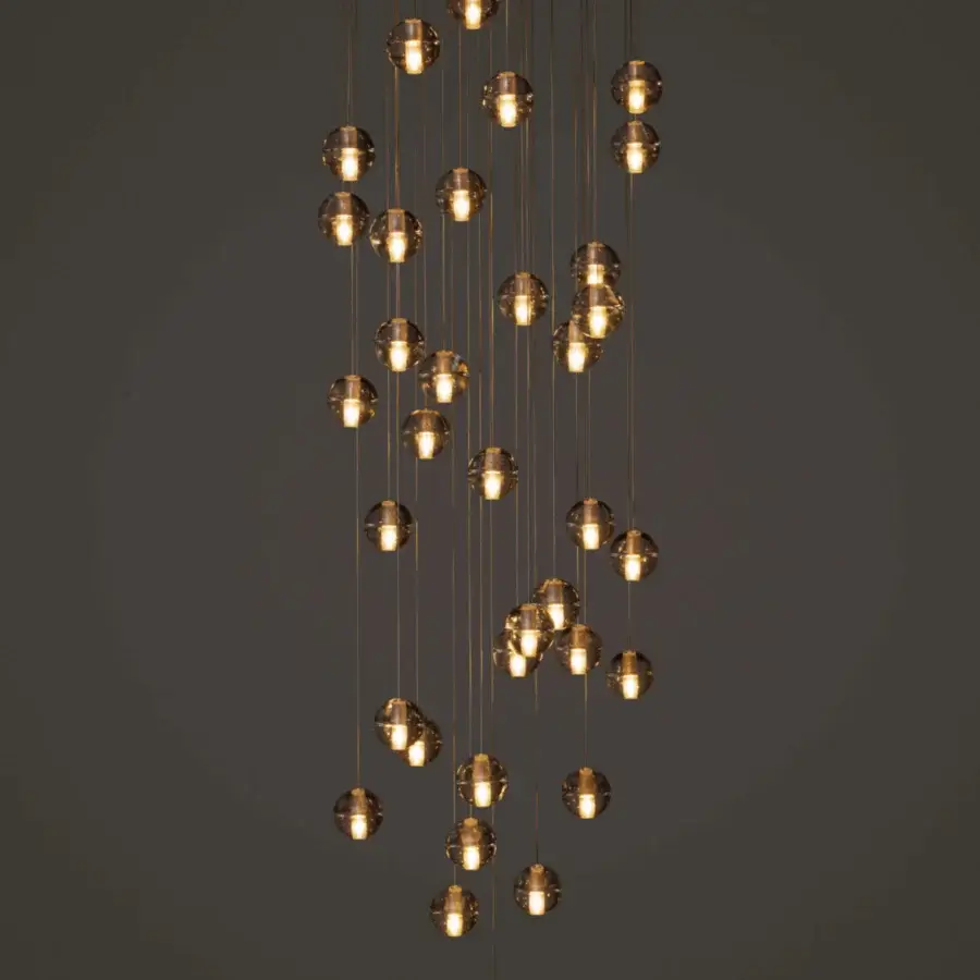 Superior Bocci 14 Random Suspension lamp with cascading articulated cast glass spheres and dark bronze suspension cords