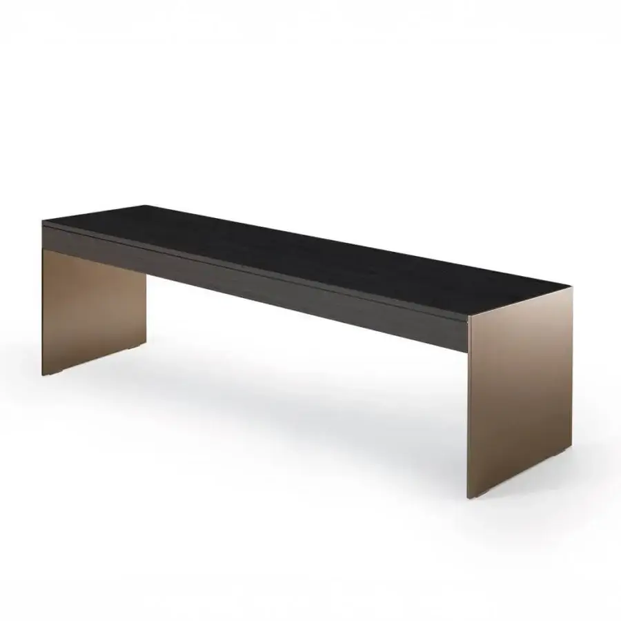 Distinguished 4 Mariani Milano console built in dark brown Santos Rosewood with gradient Light Gold Sunlight to Dark Bronze metal panels and satin finish