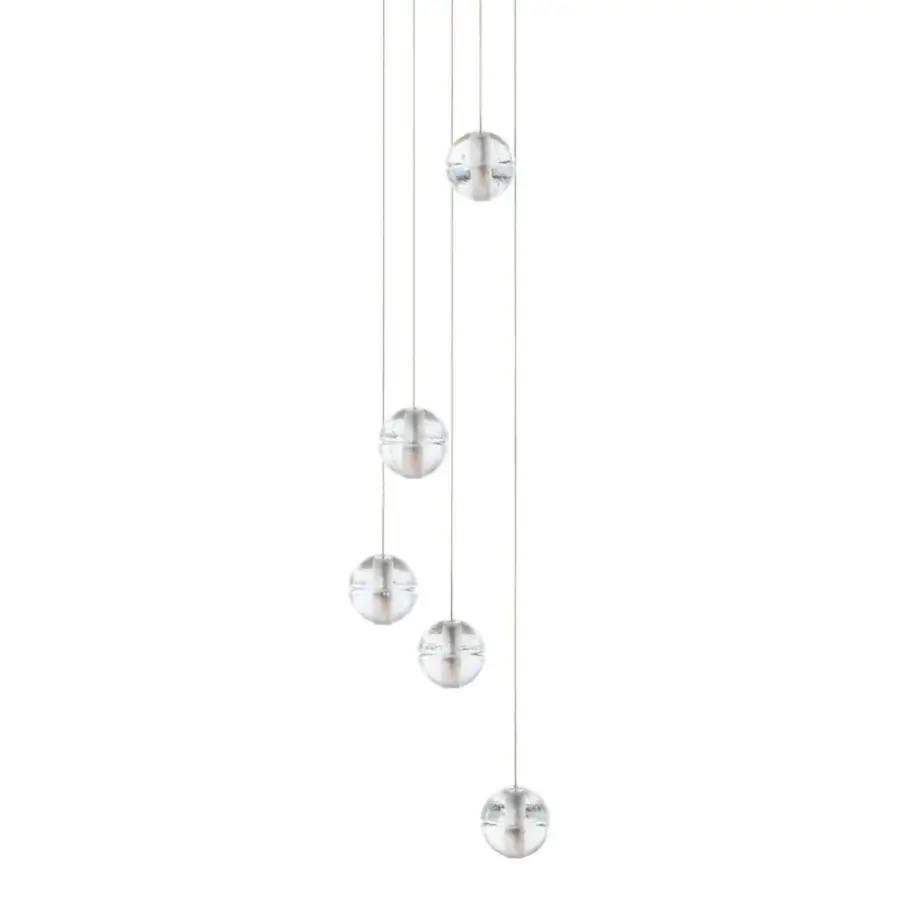 Exceptional Bocci 14 Random suspension lamp with articulated cast glass spheres and frosted cylindrical voids within each pendant