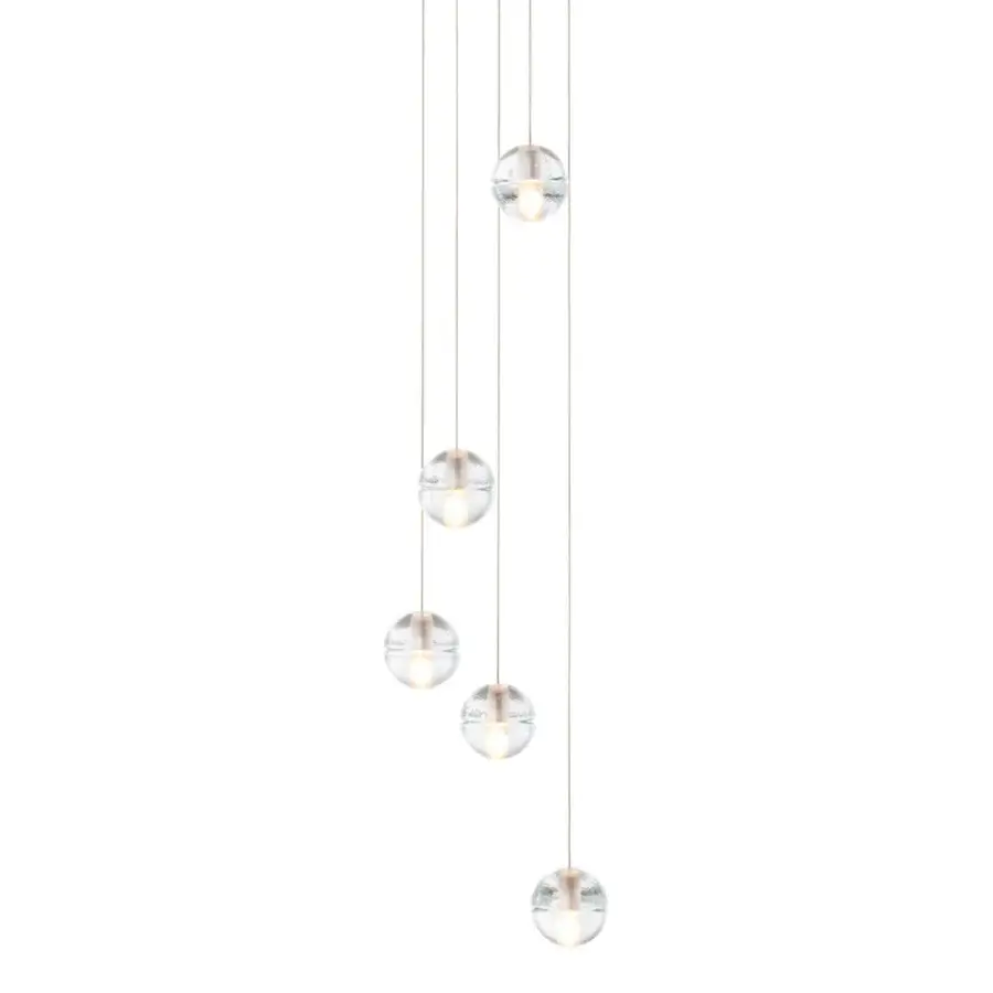 Elegant Bocci 14 Random suspension lamp with cascading articulated cast glass spheres and satin-finish metal cables