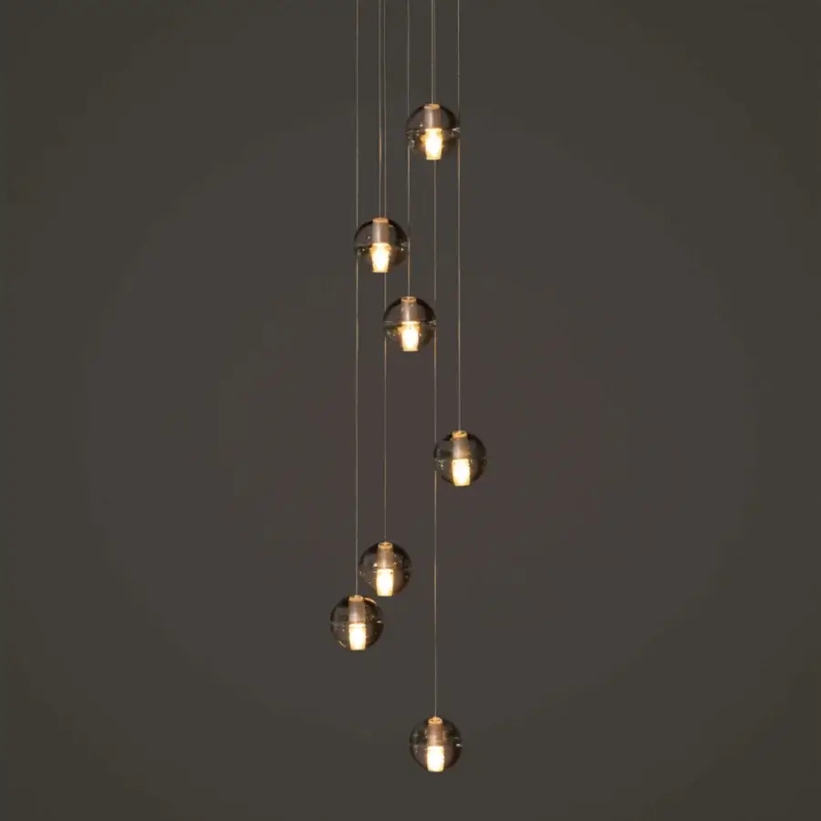 Distinguished Bocci 14 Random suspension lamp with illuminated cast glass spheres and a translucent amber glow