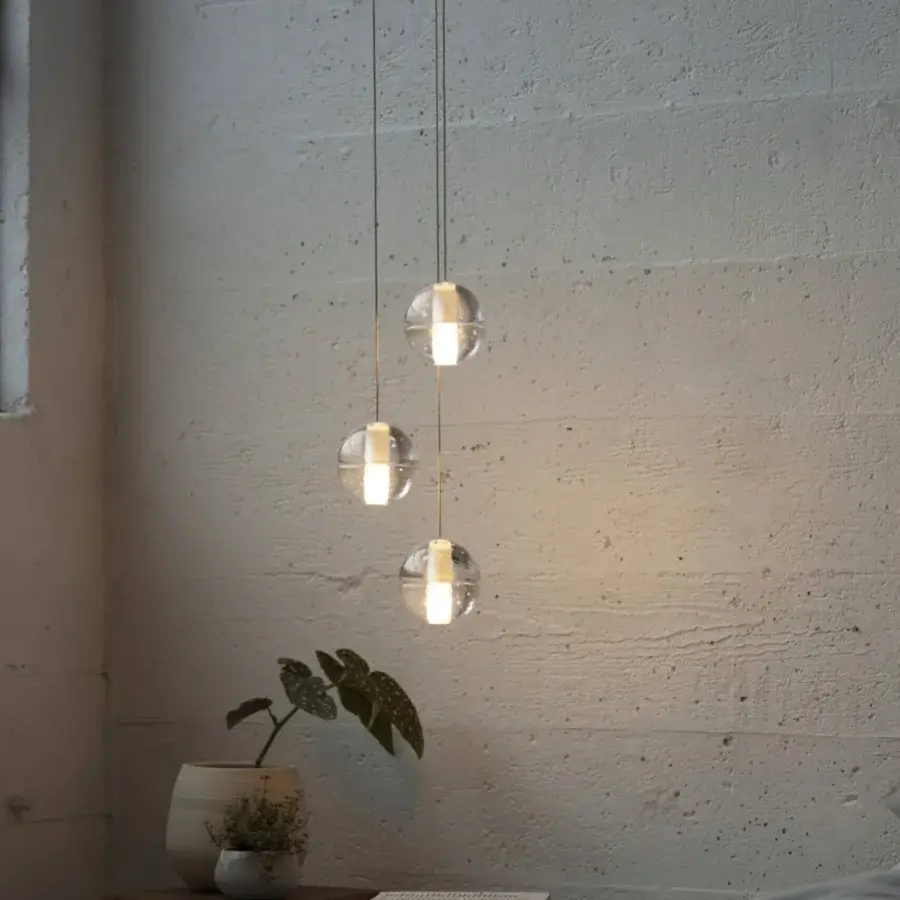Superior Bocci 14 Random suspension lamp with articulated cast glass shades and matte steel cables