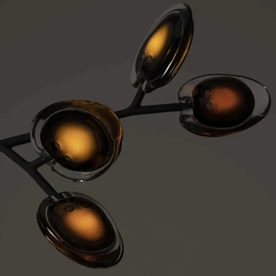 Exceptional Bocci 16 Armature ceiling lamp with organically branching arms and warm amber to brown glass shades in a soft-touch matt black finish