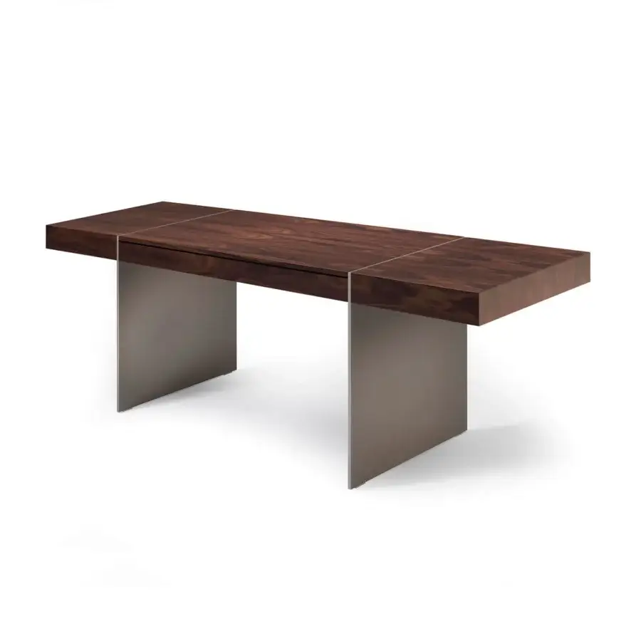Superior 4 Mariani Milano Desk with Dark Brown Santos Rosewood veneer tabletop and satin finish, supported by matte Dark Bronze metal blades