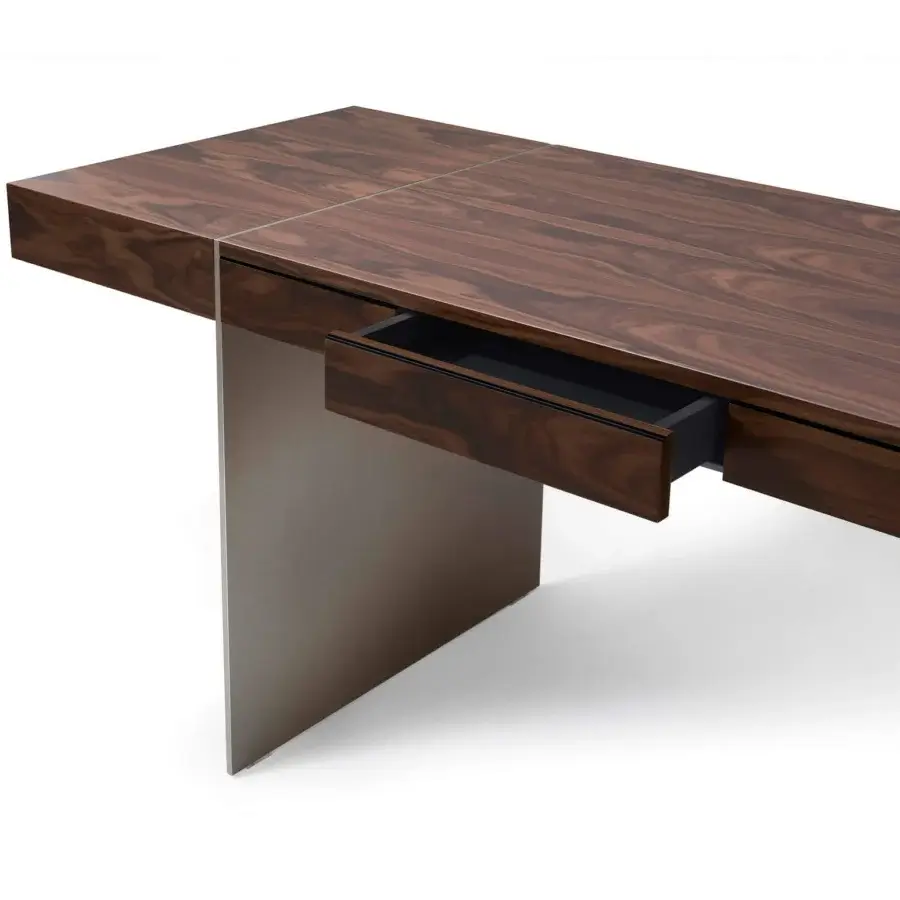 Elegant 4 Mariani Milano Desk with Dark Brown Santos Rosewood veneer top and Dark Bronze sculptural blades in satin finish