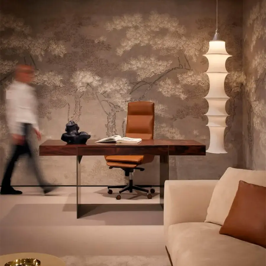 Captivating 4 Mariani Milano Desk with Dark Brown Santos Rosewood veneer top and sleek metal blades in a satin finish