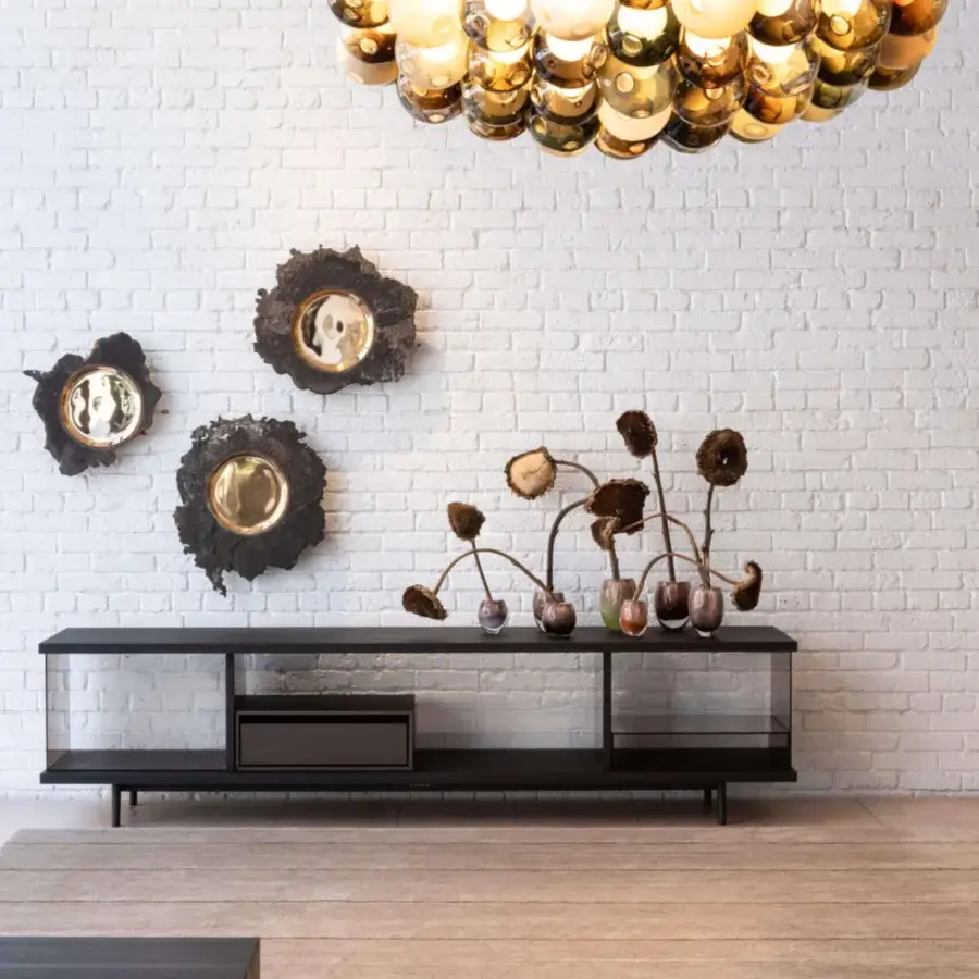 Exceptional Bocci 28 Cluster suspension lamp with clear glass exterior and milk white interior lamp holders crafted in a dynamic arrangement