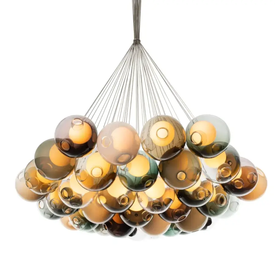 Exquisite Bocci 28 Cluster suspension lamp with hand-blown glass spheres in amber, gold, and muted green with polished metal rods and glossy finish