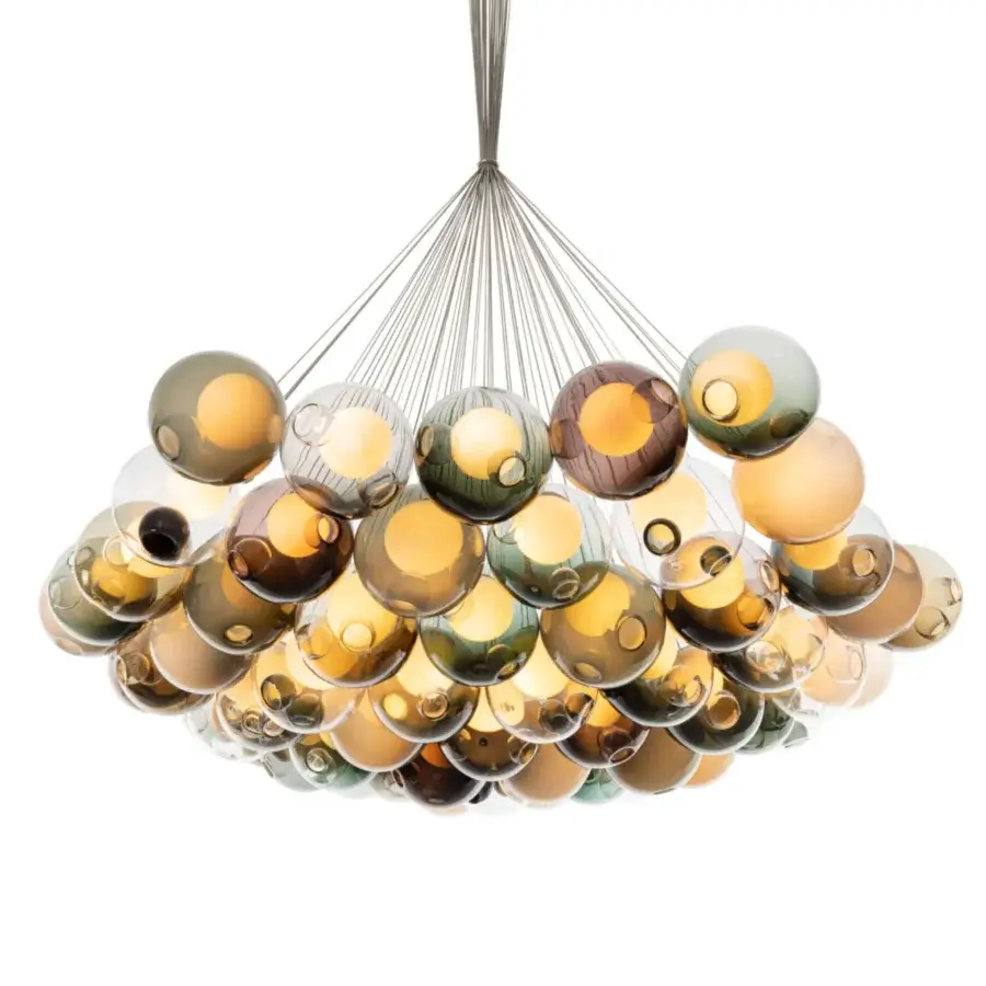 Captivating Bocci 28 Cluster suspension lamp with clear glass spheres exhibiting amber, gold, green, and gray tones with silver metallic rods