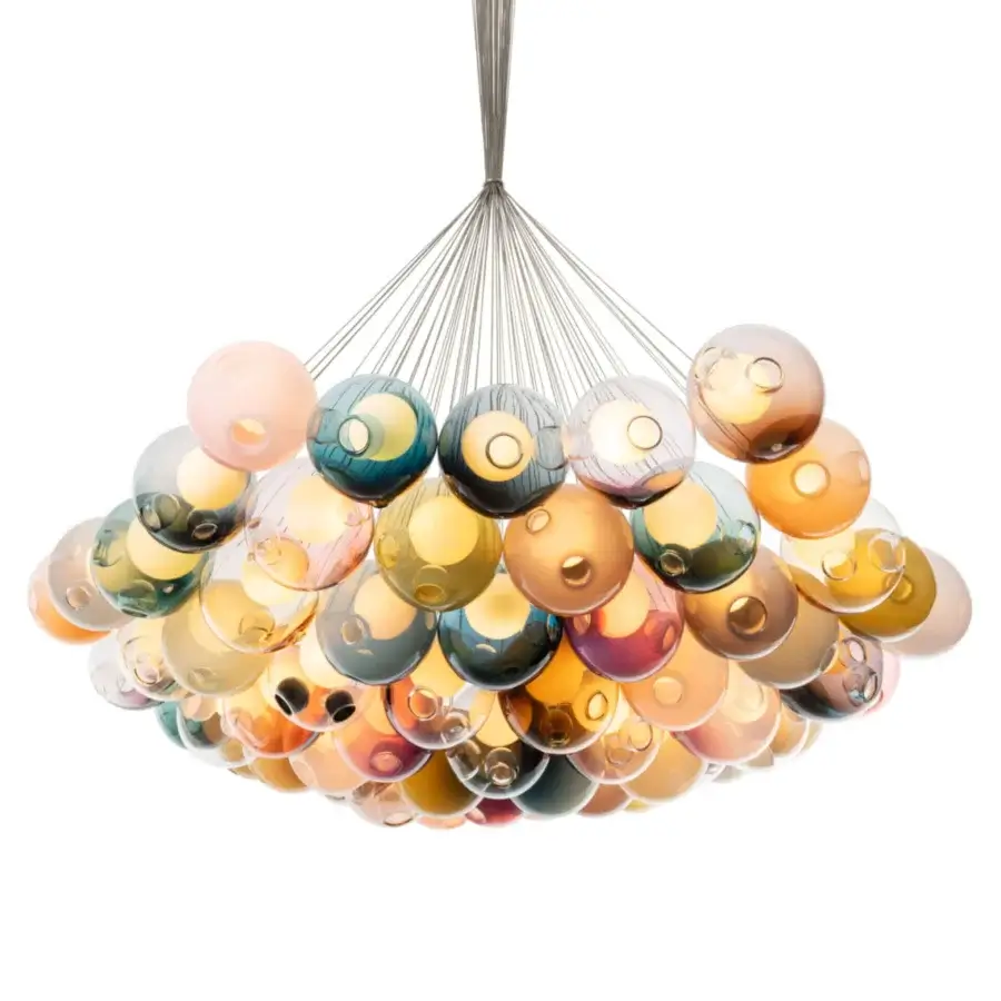 Superior Bocci 28 Cluster suspension lamp with hand-blown clear glass spheres exhibiting iridescent amber, gold, teal and rose hues within milk white cavities