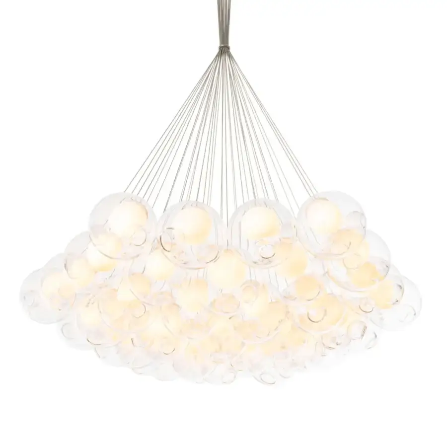 Exceptional Bocci 28 Cluster suspension lamp built with clear glass spheres and milk white lamp holders in polished silver-toned metal
