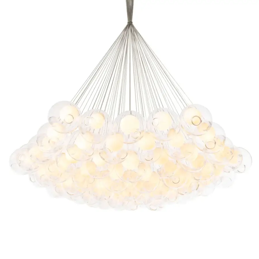 Captivating Bocci 28 Cluster suspension lamp built with numerous clear glass spheres and polished silver-toned metal framework