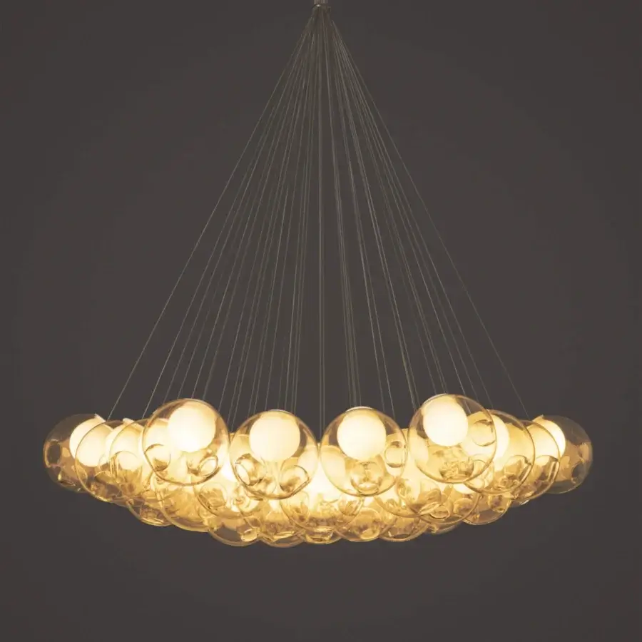 Superior Bocci 28 Cluster suspension lamp with numerous clear glass exterior spheres and milk white interior lamp holder cavities