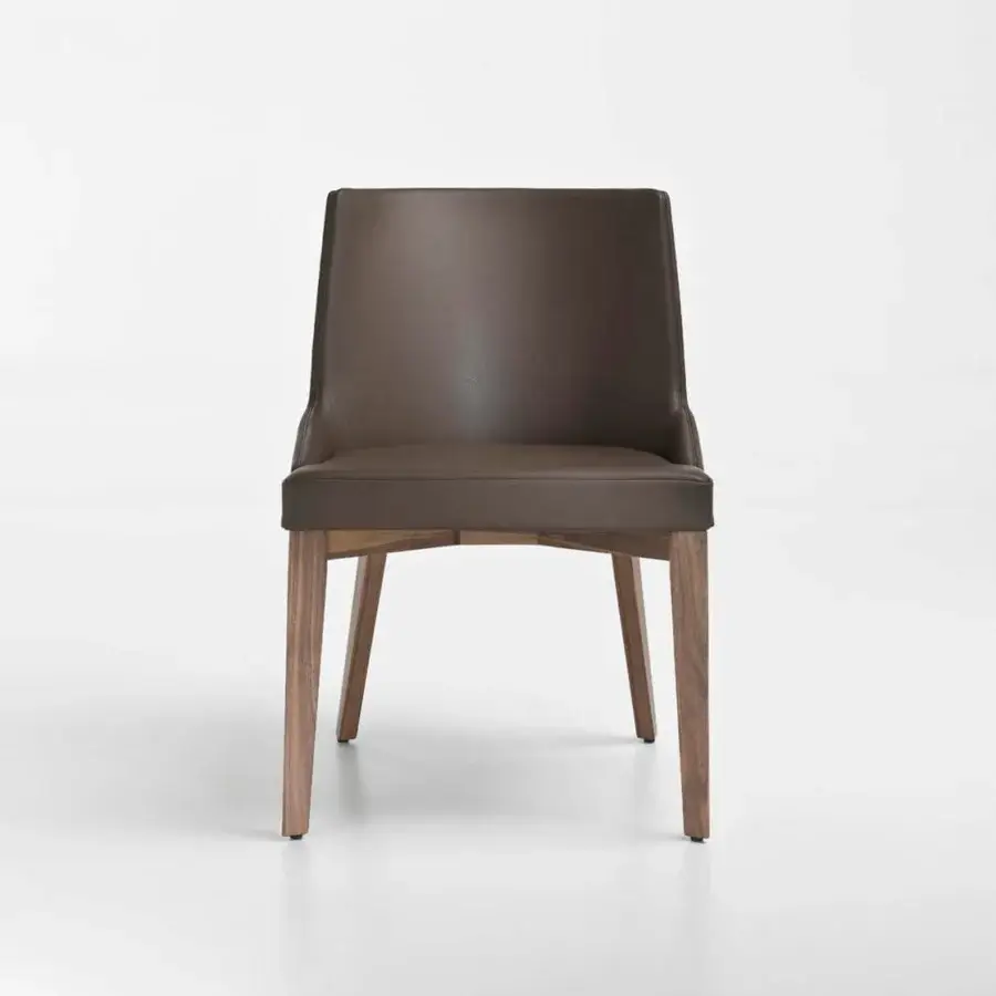Lavish 4 Mariani Moore chair built with satin-finished wood and fully upholstered in muted medium-brown textile