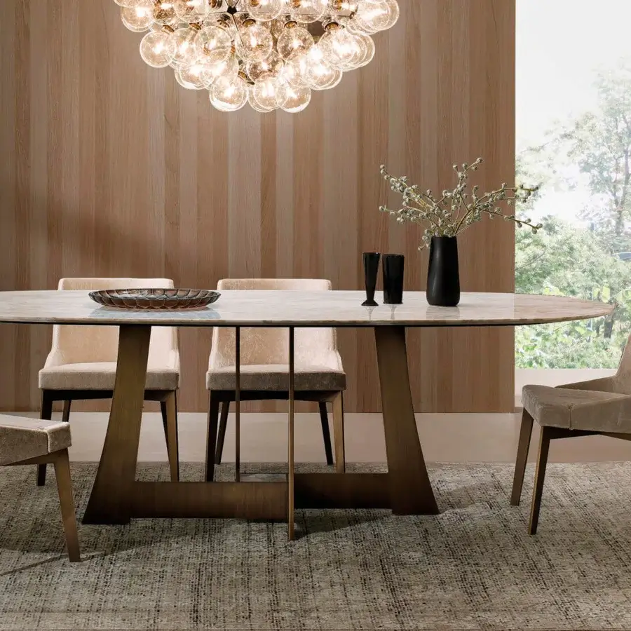 Distinguished 4 Mariani Moore chair with satin-finished metal frame and textured neutral beige textile upholstery