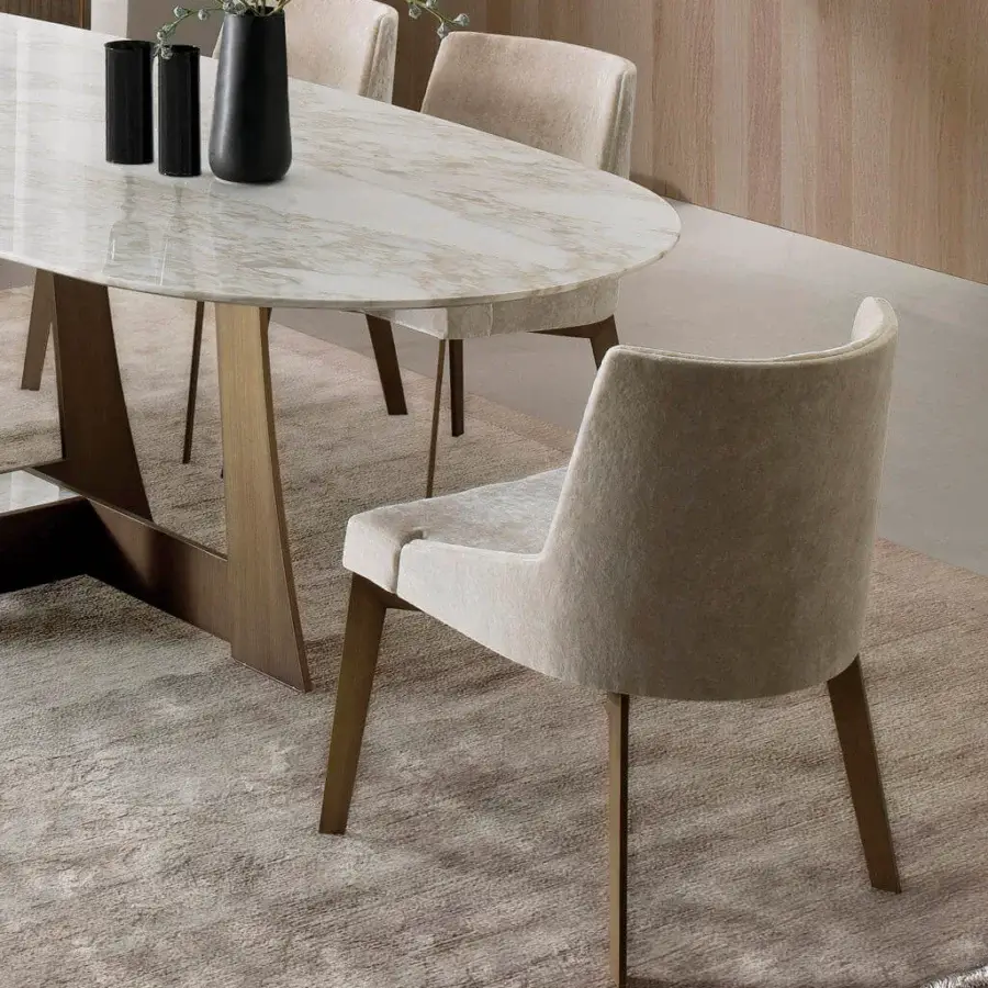 Elegant 4 Mariani Moore chair crafted in Italy with neutral textile upholstery and warm-toned wood satin finish
