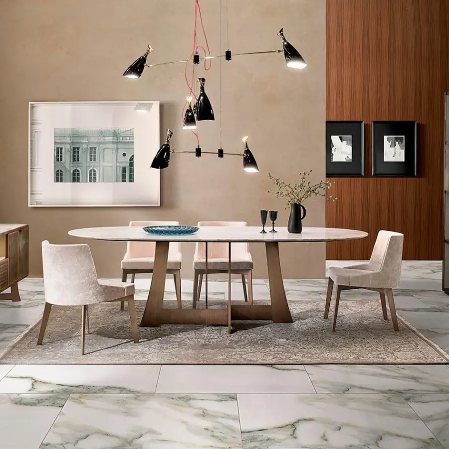 Exceptional 4 Mariani Moore chair built with light beige textile upholstery and warm medium-brown wood with a satin finish