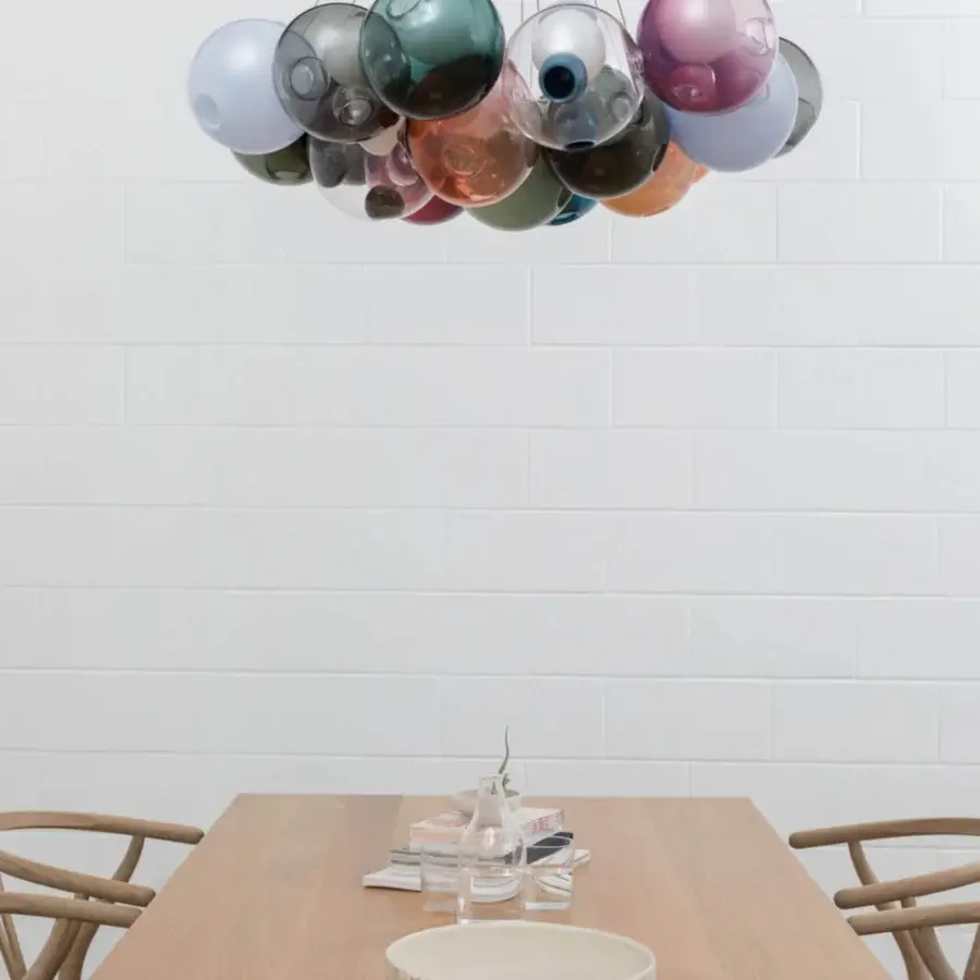 Superior Bocci 28 Cluster suspension lamp with translucent hand-blown glass spheres in pale blue, green, lavender and amber tones with milk white interior