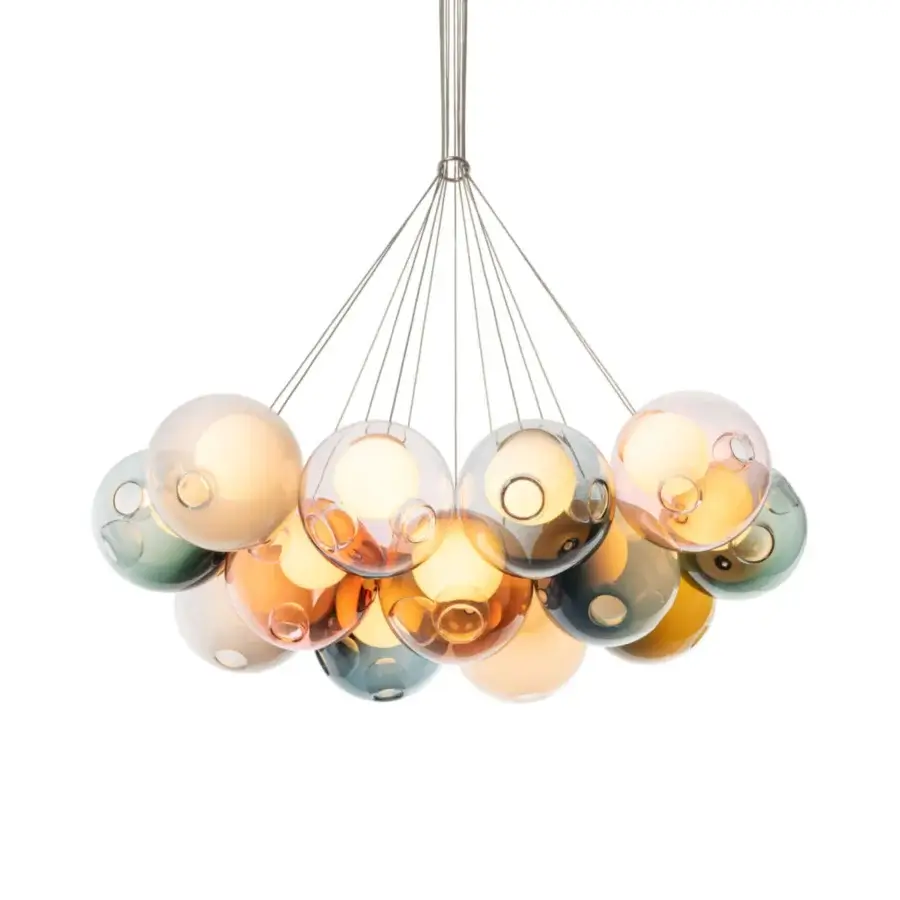 Exceptional Bocci 28 Cluster suspension lamp with hand-blown clear glass spheres and silver-toned adjustable ring