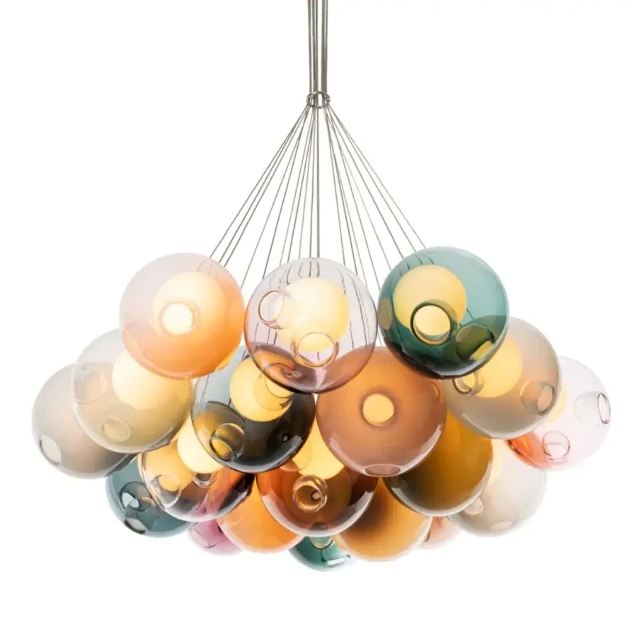 Captivating Bocci 28 Cluster suspension lamp with hand-blown glass spheres in amber, gold, and teal with silver-toned metal framework