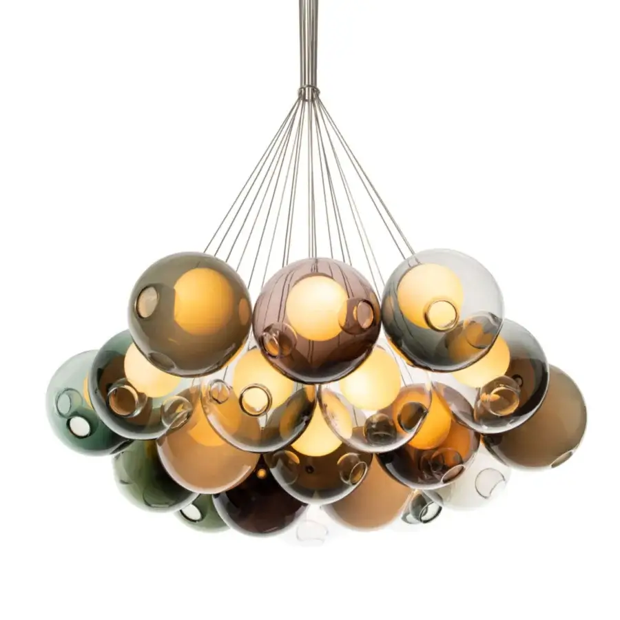 Superior Bocci 28 Cluster suspension lamp with clear glass exterior spheres and satin-finish steel wires