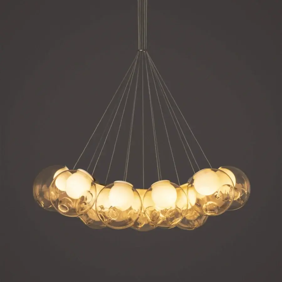 Distinguished Bocci 28 Cluster suspension lamp with clear glass spheres housing milk white interiors and delicate metal cables